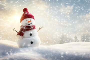 Fototapeta premium Cheerful snowman in wintry landscape with falling snowflakes
