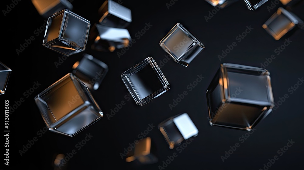Poster geometric blocks in 3d render floating on a black background. abstract and futuristic.