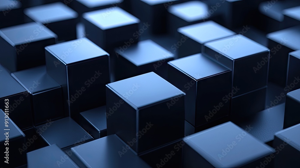 Poster geometric blocks in 3d render on a dark background. abstract and futuristic design.