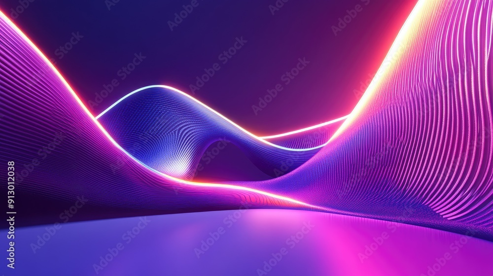 Poster glowing 3d abstract shape in ultraviolet with curvy neon lines on a colorful backdrop. ideal for fut