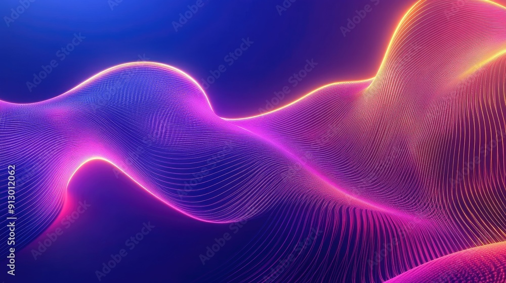 Poster glowing 3d abstract shape in ultraviolet with curvy neon lines on a colorful backdrop. ideal for fut