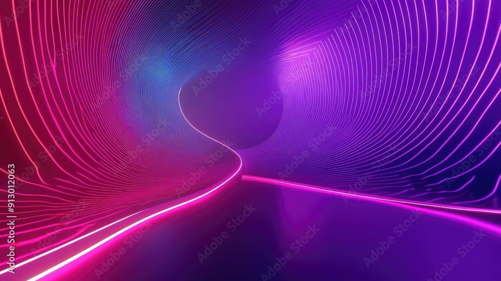 Poster glowing 3d abstract shape in ultraviolet with curvy neon lines on a colorful backdrop. ideal for fut