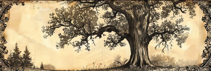 Explore the timeless allure of oak trees with a captivating drawing featuring an ephemera border