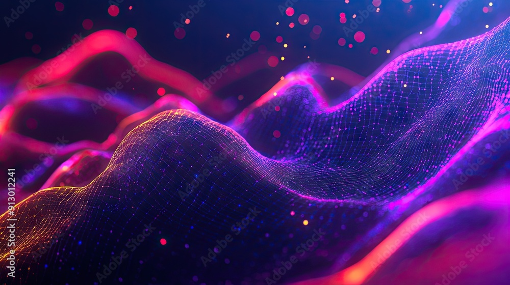 Poster glowing 3d abstract shape in uv light with neon lines on a colorful backdrop. futuristic energy them