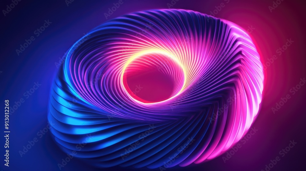 Poster glowing 3d abstract shape in uv light with curvy neon lines on a colorful background. futuristic ene