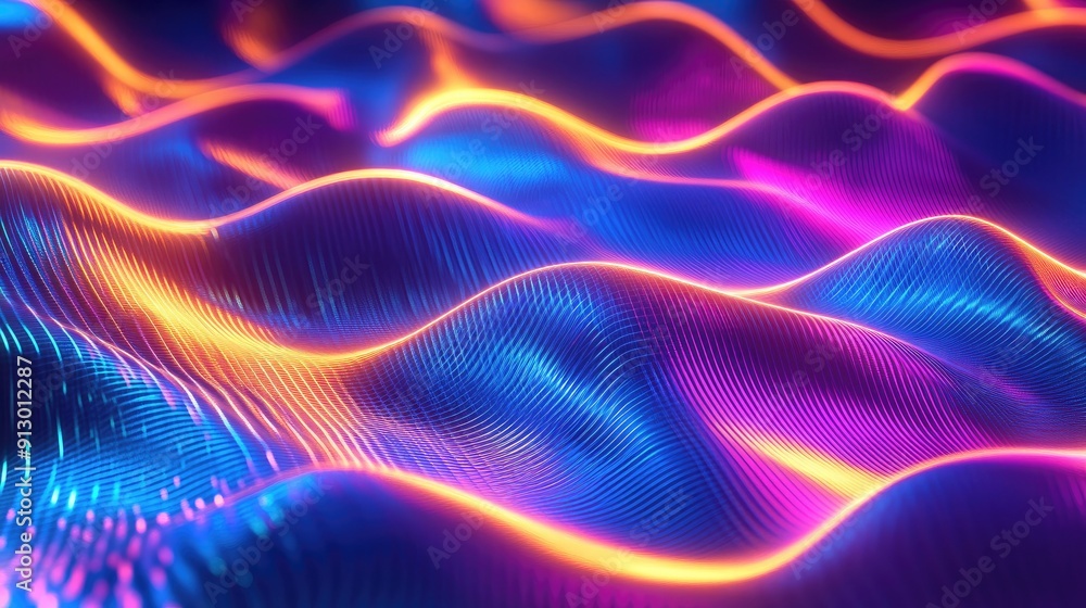 Poster glowing 3d abstract shape in uv light with curvy neon lines on a colorful background. futuristic ene