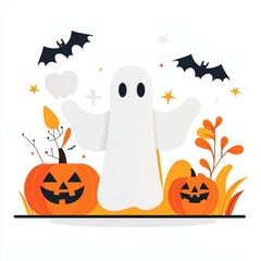 Ghost in a Halloween parade, festive scene, flat design clipart style, isolated on white background