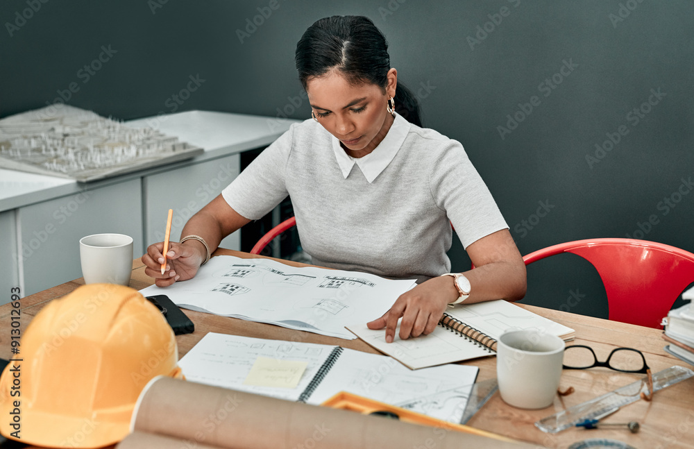 Poster writing, architecture and woman at desk with blueprint, busy or project management in creative devel