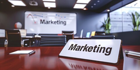 corporate training room, whiteboard with "Marketing" text
