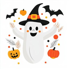 Fototapeta premium Ghost with Halloween decorations, party theme, flat design clipart style, isolated on white background