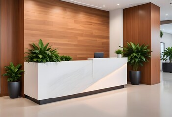 Fototapeta premium A modern office lobby with a large reception desk, gray chairs, and a warm color scheme