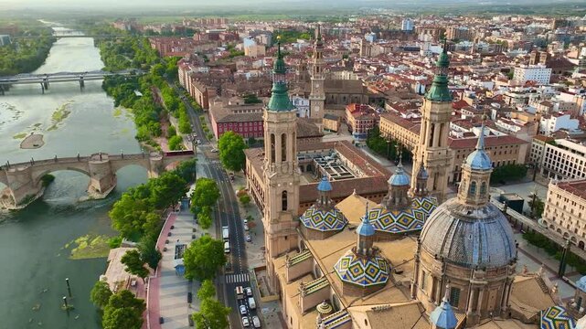 Drone view of Zaragoza, Cathedral of Our Lady of the Pillar, Spanish landmark in Zaragoza, aerial view of Zaragoza, travel in Aragon, Spain