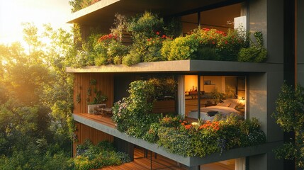 Fototapeta premium A modern apartment balcony adorned with abundant greenery and flowers, overlooking a serene forest, bathed in warm sunlight.