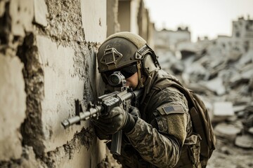 Fototapeta premium A soldier with a rifle peeking around a damaged wall