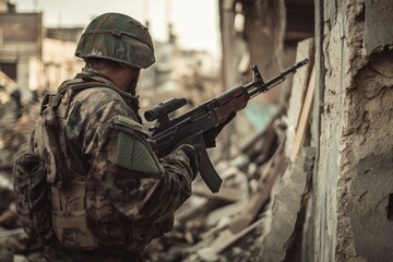 Fototapeta premium A soldier holding a rifle in a war-torn cityscape