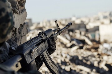 Soldier's rifle aimed over rubble in conflict area.