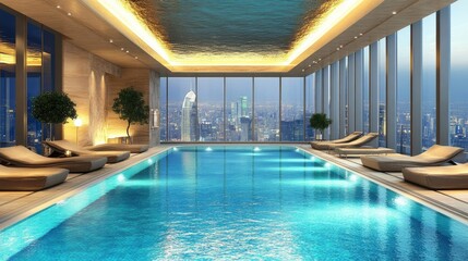Obraz premium Indoor swimming pool with a luxurious design, cityscape visible through panoramic windows.