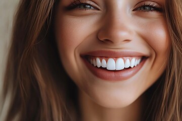 Obraz premium A close-up portrait of a beautiful woman with a radiant smile, showcasing her perfect white teeth