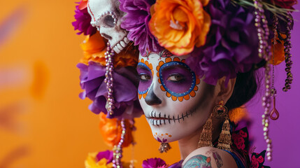 Day of the Dead theme with a vibrant purple, orange, and black background featuring skull motifs. A woman in Catrina makeup, traditional Mexican dress ,hat and 
 lively decorations