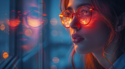 Woman in Glasses Looking Out Window at Night