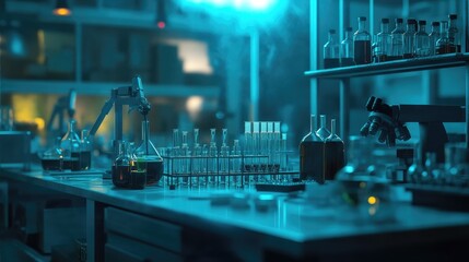 Laboratory environment with empty test tubes and chemical equipment arranged for research purposes. -