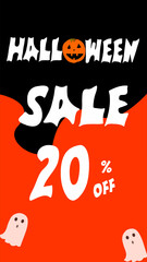 Halloween sale. Black and orange template with illustrated pumpkin. White letter. Ideal vertical size for social media