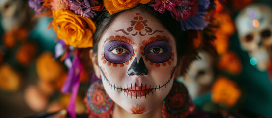 Day of the Dead theme with a vibrant purple, orange, and black background featuring skull motifs. A woman in Catrina makeup, traditional Mexican dress ,hat and 
 lively decorations