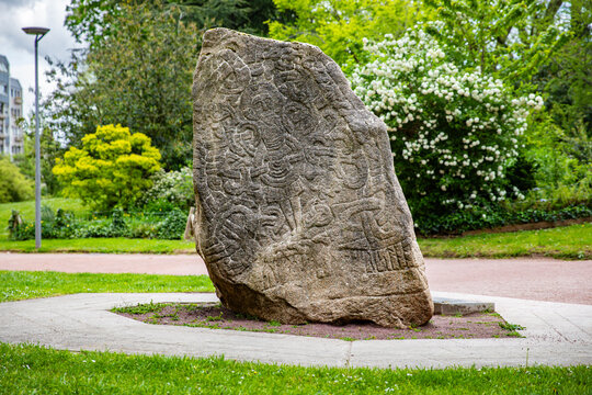 ROUEN, NORMANDY, FRANCE: Jardin de l&rsquo;H&ocirc;tel-de-Ville, City Hall Garden, replica of Harald Bluetooth's rune stone from Jelling, offered in 1911 to the city of Rouen by the Carlsberg Foundation