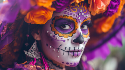 Day of the Dead theme with a vibrant purple, orange, and black background featuring skull motifs. A woman in Catrina makeup, traditional Mexican dress ,hat and 
 lively decorations