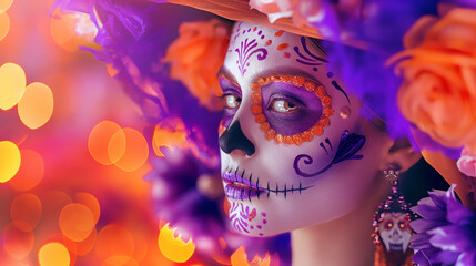 Day of the Dead theme with a vibrant purple, orange, and black background featuring skull motifs. A woman in Catrina makeup, traditional Mexican dress ,hat and 
 lively decorations