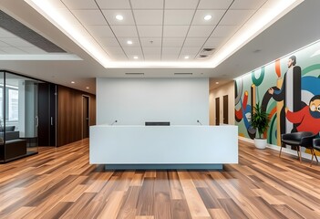 Fototapeta premium A modern office lobby with a large reception desk, gray chairs, and a warm color scheme
