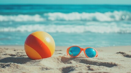 Obraz premium Beach Ball and Sunglasses on Sandy Shore