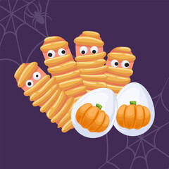 Delicious and cute Halloween treats with pumpkin deviled eggs and mummy sausages. Snacks for fun.