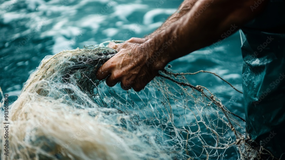 Poster a fisherman skillfully casts his net into the ocean waters, focusing on the task as morning light da