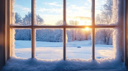 Frosted window with a picturesque view of a snow-covered landscape, perfect for a wintery ambiance.