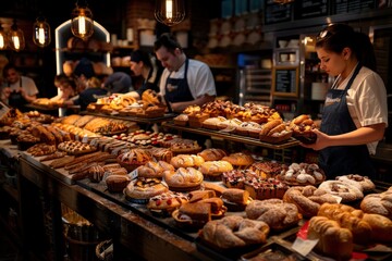 A baker in an apron and cap meticulously organizes freshly baked pastries and loaves on display, capturing the warm and inviting atmosphere of a bustling bakery.