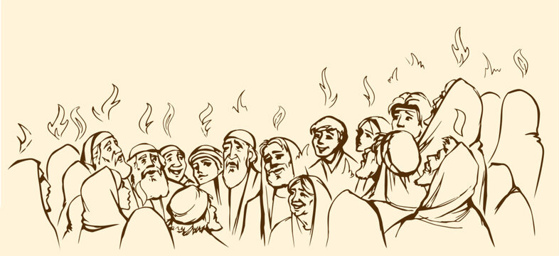 Vector drawing. Pentecost day. Many people came together for praying - Powered by Adobe