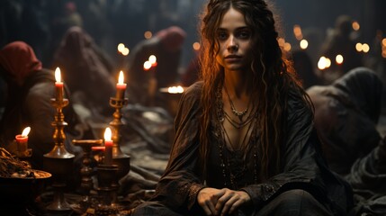 Fototapeta premium Mystical Woman with Candles in a Dark Setting