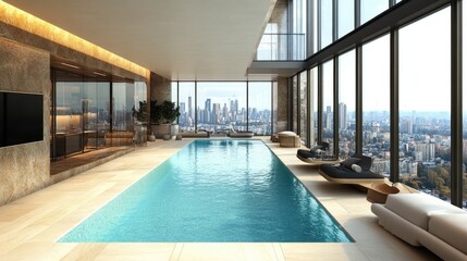 Modern indoor swimming pool with natural light and a breathtaking view of the cityscape.