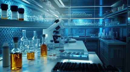 Modern laboratory with chemical tubes and pharmacy technology. Great for biochemistry and research visuals.