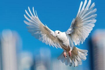 Fototapeta premium A serene image of a white dove in mid-flight with its wings fully spread against a backdrop of a clear blue sky, symbolizing peace, freedom, and purity.