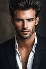 Fototapeta premium Handsome man in suit with stylish hair and piercing gaze