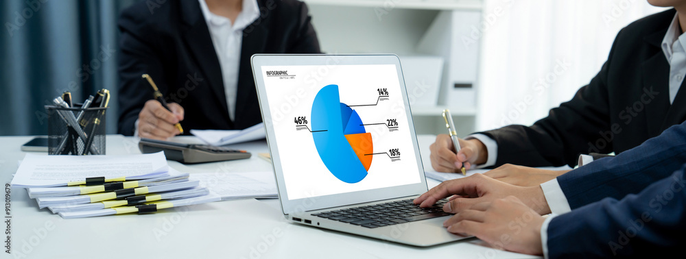 Poster business intelligence analyst team use bi software on laptop to analyze financial data dashboard. bu