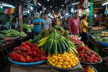 Obraz premium A fruit and vegetable market featuring an array of colorful fresh produce meticulously arranged, creating a vibrant and appetizing display that highlights healthy eating.