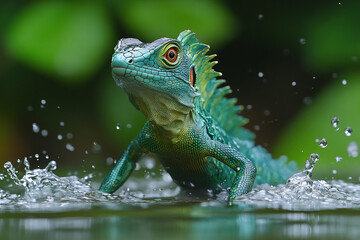 Fototapeta premium A basilisk lizard running on the surface of water.