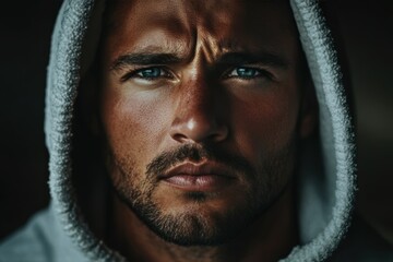 Intense gaze of hooded man with piercing blue eyes
