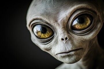 Close-up portrait of alien figure with large eyes