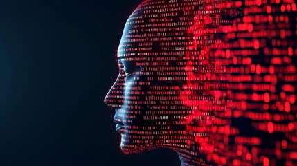 Human digital head, surrounded by red code, AI and security, futuristic style