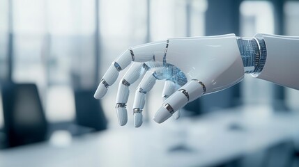 Human-AI partnership, futuristic office setting, holographic technology, modern business environment