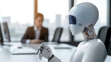 Human-AI partnership, futuristic office setting, holographic technology, modern business environment